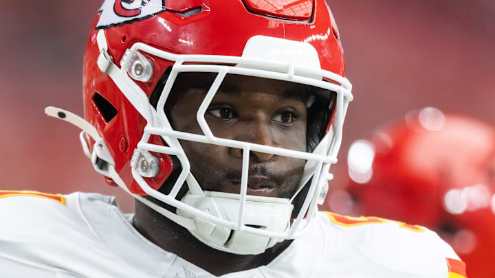 Aug 9, 2025; Glendale, Arizona, USA; Kansas City Chiefs defensive end Felix Anudike-Uzomah (91) against the Arizona Cardinals during a preseason NFL game at State Farm Stadium. Mandatory Credit: Mark J. Rebilas-Imagn Images