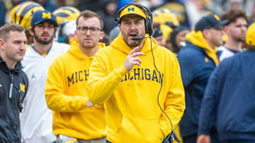 Offensive Coordinator Kirk Campbell of the Michigan Wolverines is seen on the sideline during the Spring Football Game at Michigan Stadium on April 20, 2024 in Ann Arbor, Michigan.