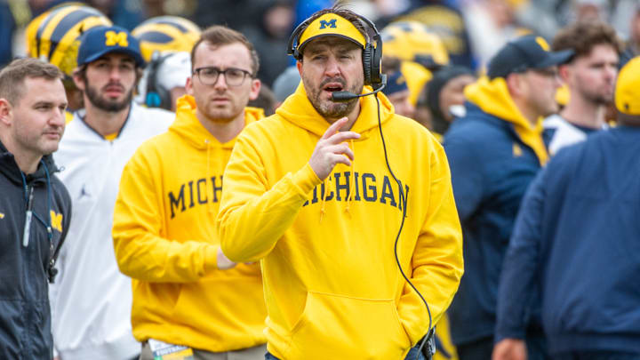Offensive Coordinator Kirk Campbell of the Michigan Wolverines is seen on the sideline during the Spring Football Game at Michigan Stadium on April 20, 2024 in Ann Arbor, Michigan.