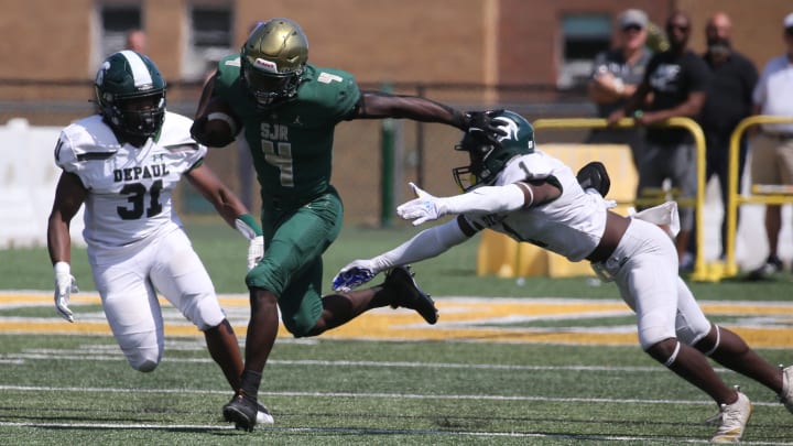 John Forster of St. Joseph's on his way to a 98 yard TD reception as DePaul lost to St. Joseph's 36-31 in Montvale, NJ on September 3 2022.