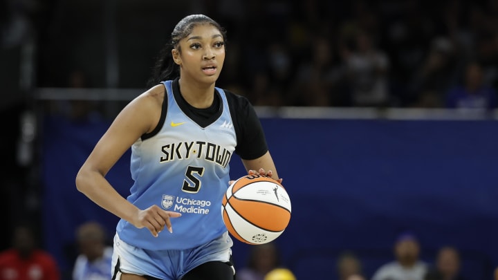 Jul 13, 2024; Chicago, Illinois, USA; Chicago Sky forward Angel Reese (5) brings the ball up court against the New York Liberty during the second half of a WNBA game at Wintrust Arena. Mandatory Credit: Kamil Krzaczynski-USA TODAY Sports