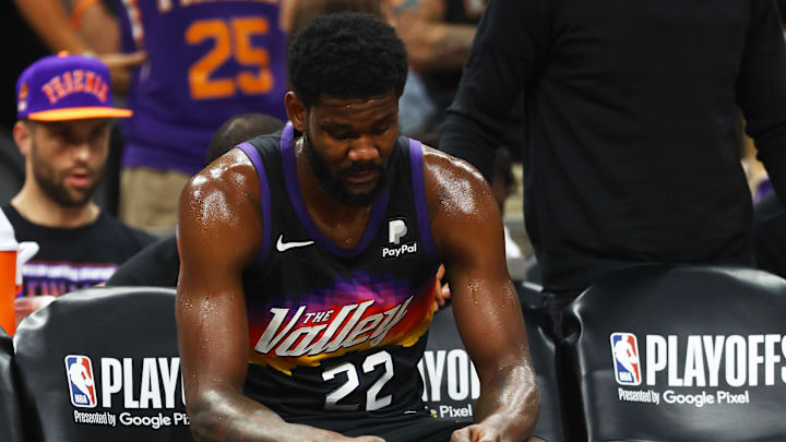 May 15, 2022; Phoenix, Arizona, USA; Phoenix Suns center Deandre Ayton (22) reacts on the bench against the Dallas Mavericks in game seven of the second round for the 2022 NBA playoffs at Footprint Center. Mandatory Credit: Mark J. Rebilas-Imagn Images May 15, 2022; Phoenix, Arizona, USA; Phoenix Suns center Deandre Ayton (22) reacts on the bench against the Dallas Mavericks in game seven of the second round for the 2022 NBA playoffs at Footprint Center. Mandatory Credit: Mark J. Rebilas-Imagn Images