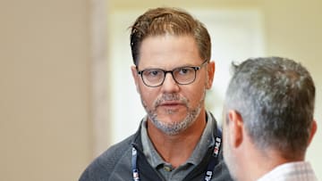 Nov 8, 2022; Las Vegas, NV, USA;  Toronto Blue Jays general manager Ross Atkins answers questions to the media during the MLB GM Meetings at The Conrad Las Vegas. Mandatory Credit: Lucas Peltier-Imagn Images