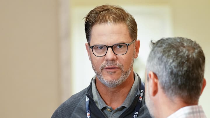 Nov 8, 2022; Las Vegas, NV, USA;  Toronto Blue Jays general manager Ross Atkins answers questions to the media during the MLB GM Meetings at The Conrad Las Vegas. Mandatory Credit: Lucas Peltier-Imagn Images