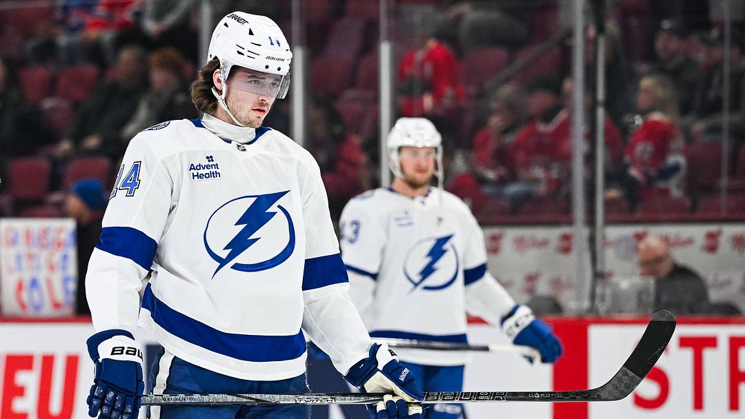 Jan 21, 2025; Montreal, Quebec, CAN; Tampa Bay Lightning center Conor Geekie (14) during warm-ups before a game against the Montreal Canadiens at Bell Centre. Mandatory Credit: David Kirouac-Imagn Images