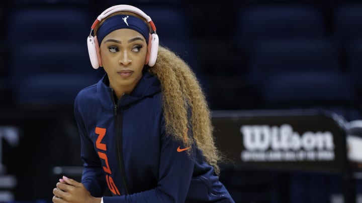 Jun 12, 2024; Chicago, Illinois, USA; Connecticut Sun guard DiJonai Carrington (21) warms up before a basketball game against the Chicago Sky at Wintrust Arena. 