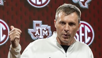Oct 15, 2025; Birmingham, AL, USA; Texas A&M Aggies head coach Bucky McMillan talks with the media during SEC Media Days at Grand Bohemian Hotel. Mandatory Credit: Vasha Hunt-Imagn Images
