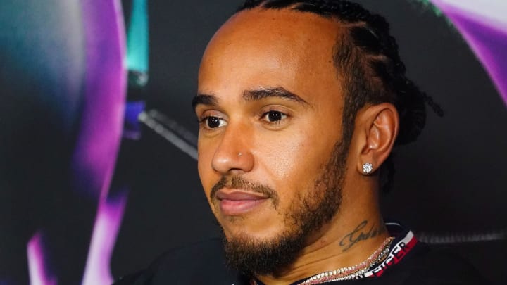 May 2, 2024; Miami Gardens, Florida, USA;  Mercedes driver Lewis Hamilton (44)  during a press conference in advance of the Miami Grand Prix at the Miami International Autodrome. Mandatory Credit: John David Mercer-USA TODAY Sports