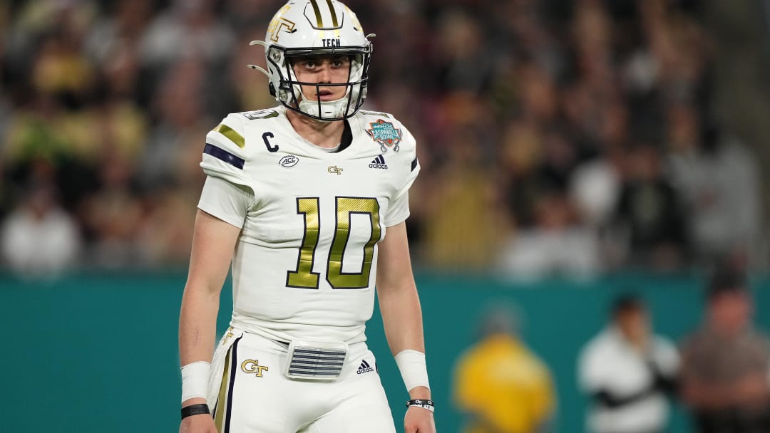 Dec 22, 2023; Tampa, FL, USA; Georgia Tech Yellow Jackets quarterback Haynes King (10) stands on the field during the first half of the Gasparilla Bowl against the UCF Knights at Raymond James Stadium. Mandatory Credit: Jasen Vinlove-USA TODAY Sports