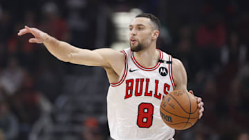 Jan 10, 2025; Chicago, Illinois, USA; Chicago Bulls guard Zach LaVine (8) brings the ball up court