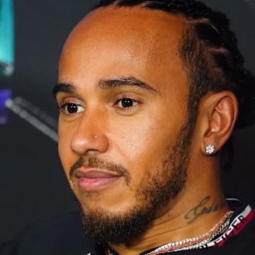 May 2, 2024; Miami Gardens, Florida, USA;  Mercedes driver Lewis Hamilton (44)  during a press conference in advance of the Miami Grand Prix at the Miami International Autodrome. Mandatory Credit: John David Mercer-Imagn Images