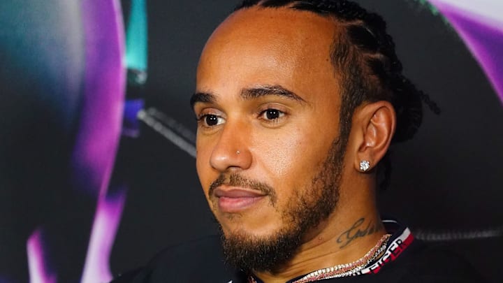 May 2, 2024; Miami Gardens, Florida, USA;  Mercedes driver Lewis Hamilton (44)  during a press conference in advance of the Miami Grand Prix at the Miami International Autodrome. Mandatory Credit: John David Mercer-Imagn Images