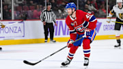 Nov 23, 2024; Montreal, Quebec, CAN; Montreal Canadiens right wing Joel Armia (40) plays the puck against the Las Vegas Golden Knights during the second period at Bell Centre. Mandatory Credit: David Kirouac-Imagn Images