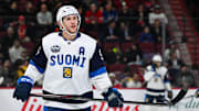Feb 13, 2025; Montreal, Quebec, CAN; [Imagn Images direct customers only] Team Finland forward Mikko Rantanen (96) looks on in warm-up before a game against Team USA during a 4 Nations Face-Off ice hockey game at Bell Centre. Mandatory Credit: David Kirouac-Imagn Images