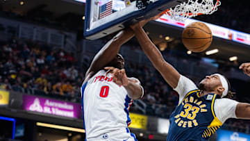 Feb 22, 2024; Indianapolis, Indiana, USA; Detroit Pistons center Jalen Duren (0) 