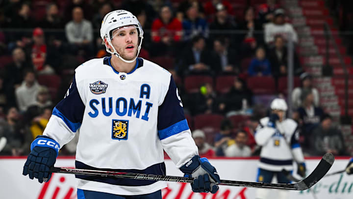 Feb 13, 2025; Montreal, Quebec, CAN; [Imagn Images direct customers only] Team Finland forward Mikko Rantanen (96) looks on in warm-up before a game against Team USA during a 4 Nations Face-Off ice hockey game at Bell Centre. Mandatory Credit: David Kirouac-Imagn Images