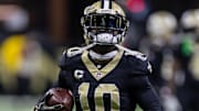 Sep 14, 2025; New Orleans, Louisiana, USA; New Orleans Saints wide receiver Brandin Cooks (10) during warmups against the San Francisco 49ers at Caesars Superdome. Mandatory Credit: Stephen Lew-Imagn Images