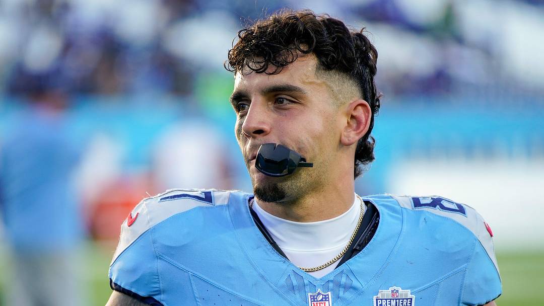Tennessee Titans wide receiver Xavier Restrepo (87) exits the field after the game against the Seattle Seahawks at Nissan Stadium in Nashville, Tenn., Sunday, Nov. 23, 2025.