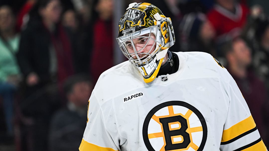 Mar 17, 2026; Montreal, Quebec, CAN; Boston Bruins Jeremy Jeremy Swayman (1) looks on against the Montreal Canadiens during the second period at Bell Centre. Mandatory Credit: David Kirouac-Imagn Images