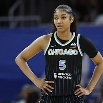 Aug 25, 2024; Chicago, Illinois, USA; Chicago Sky forward Angel Reese (5) looks on during the first half of a basketball game against the Las Vegas Aces at Wintrust Arena. Mandatory Credit: Kamil Krzaczynski-Imagn Images