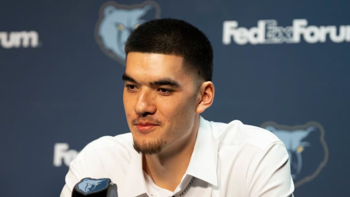 Zach Edey, a first-round draft pick for the Grizzlies, answers a question during a press conference to introduce the team’s 2024 NBA Draft picks at FedExForum on Friday, June 28, 2024.