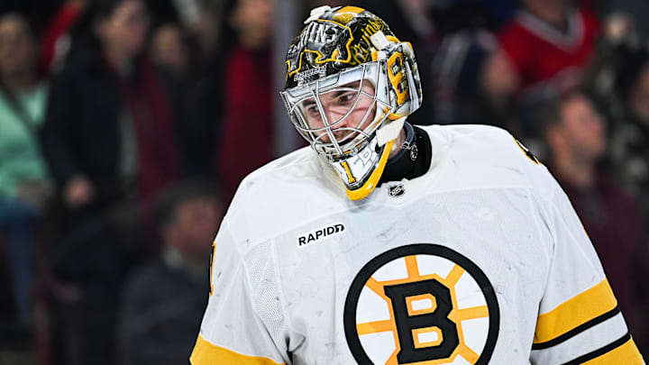 Mar 17, 2026; Montreal, Quebec, CAN; Boston Bruins Jeremy Jeremy Swayman (1) looks on against the Montreal Canadiens during the second period at Bell Centre. Mandatory Credit: David Kirouac-Imagn Images