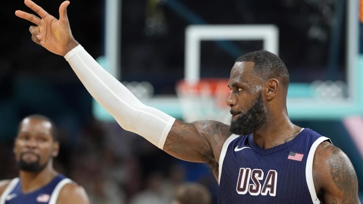 United States star Lebron James (6) reacts after a play in the third quarter.