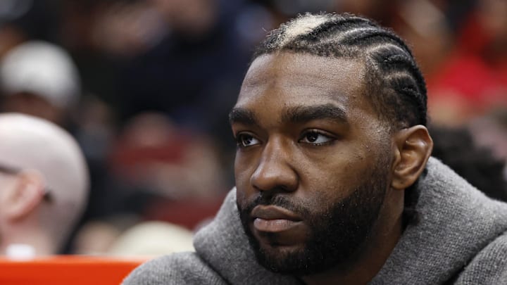 Dec 8, 2024; Chicago, Illinois, USA; Injured Chicago Bulls forward Patrick Williams sits on the bench during the first half of a basketball game against the Philadelphia 76ers at United Center. Mandatory Credit: Kamil Krzaczynski-Imagn Images