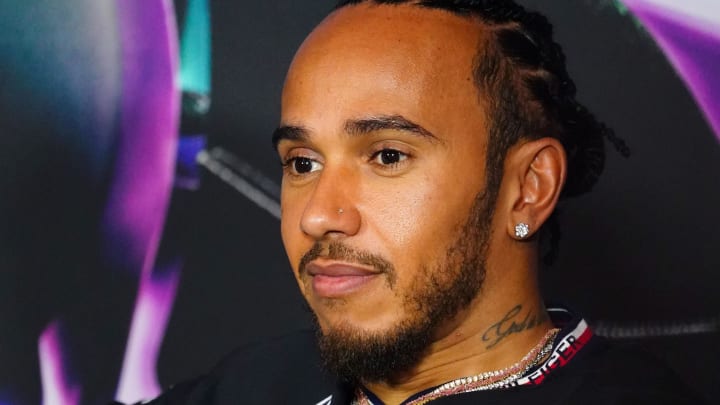 May 2, 2024; Miami Gardens, Florida, USA;  Mercedes driver Lewis Hamilton (44)  during a press conference in advance of the Miami Grand Prix at the Miami International Autodrome. Mandatory Credit: John David Mercer-USA TODAY Sports