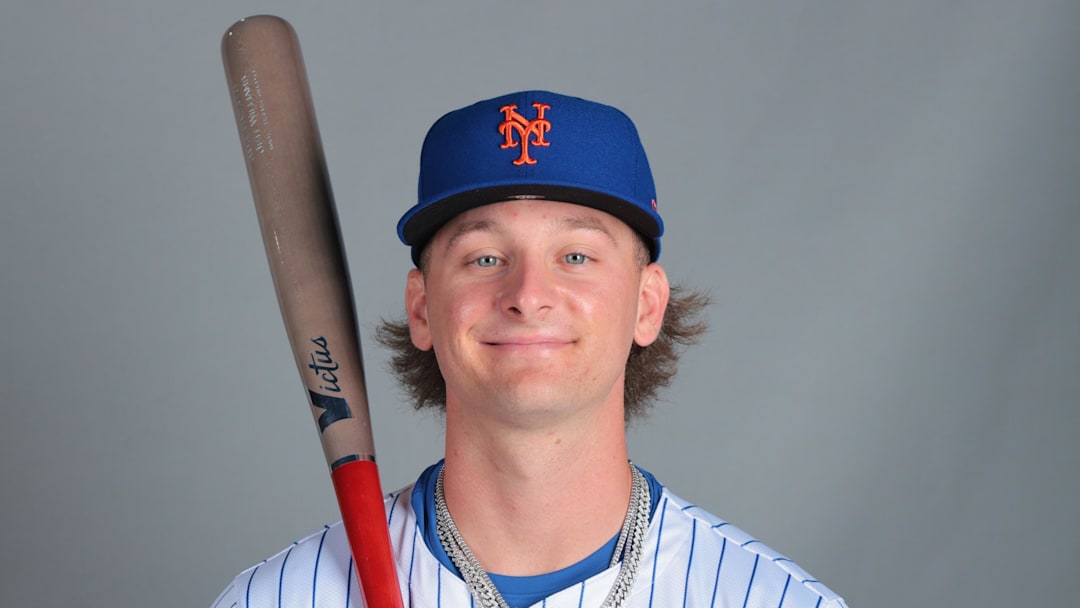 Feb 20, 2025; Port St. Lucie, FL, USA; New York Mets infielder Jett Williams (90) poses for a photo during picture day at Clover Park. Mandatory Credit: Sam Navarro-Imagn Images
