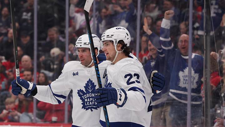 Mar 4, 2026; Newark, New Jersey, USA; Toronto Maple Leafs left wing Matthew Knies (23) celebrates his goal against the New Jersey Devils during the third period at Prudential Center. Mandatory Credit: Ed Mulholland-Imagn Images