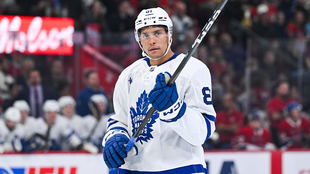 Sep 25, 2025; Montreal, Quebec, CAN; Toronto Maple Leafs forward Dakota Joshua (81) looks on against the Montreal Canadiens during the second period at Bell Centre. Mandatory Credit: David Kirouac-Imagn Images