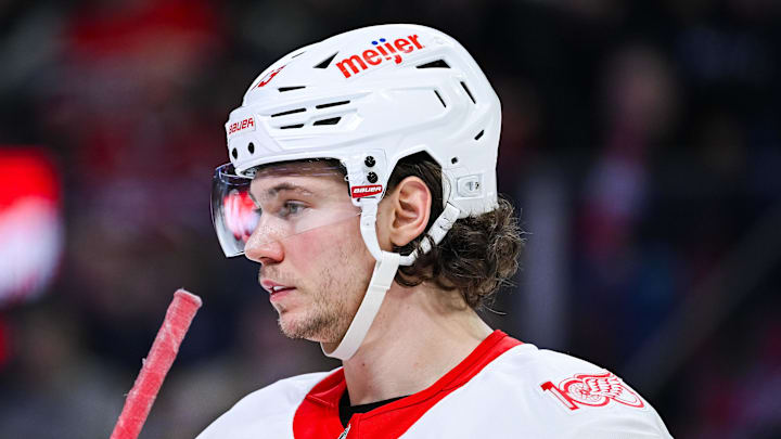 Jan 10, 2026; Montreal, Quebec, CAN; Detroit Red Wings defenseman Moritz Seider (53) looks on against the Montreal Canadiens during the third period at Bell Centre. Mandatory Credit: David Kirouac-Imagn Images