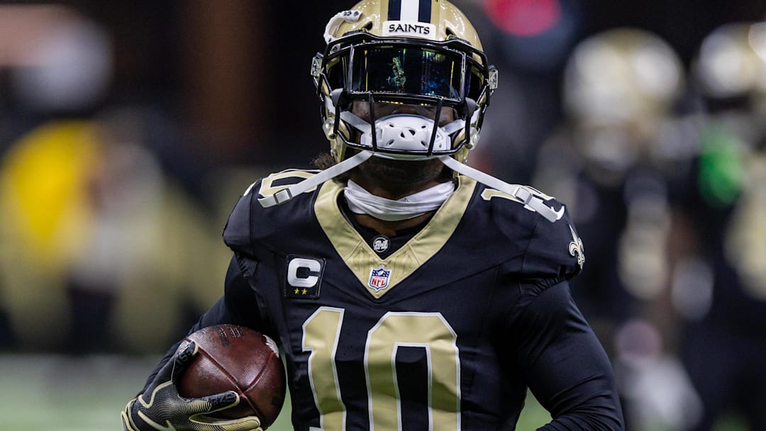 Sep 14, 2025; New Orleans, Louisiana, USA; New Orleans Saints wide receiver Brandin Cooks (10) during warmups against the San Francisco 49ers at Caesars Superdome. Mandatory Credit: Stephen Lew-Imagn Images