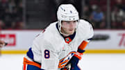 Dec 3, 2024; Montreal, Quebec, CAN; New York Islanders defenseman Noah Dobson (8) waits for a face-off against the Montreal Canadiens during the second period at Bell Centre. Mandatory Credit: David Kirouac-Imagn Images