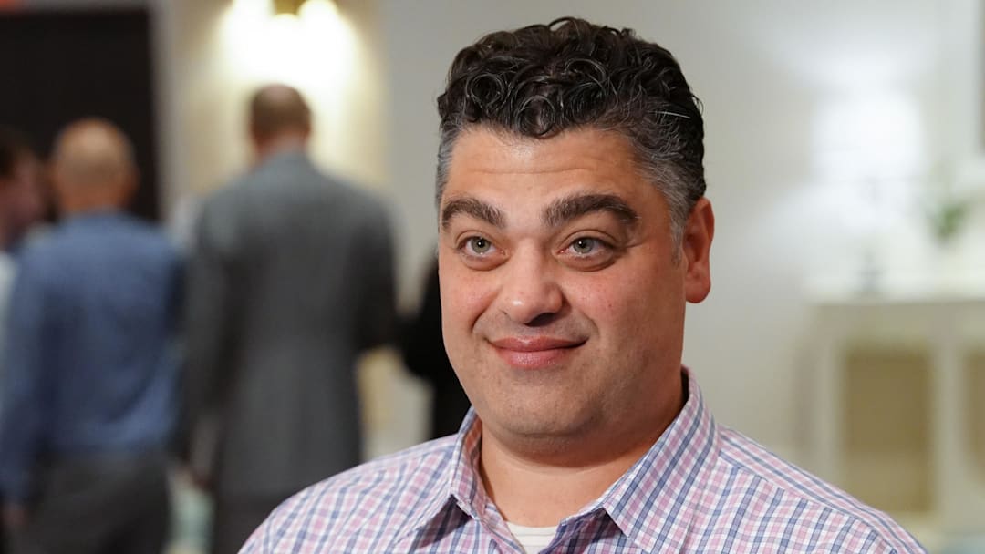 Nov 8, 2022; Las Vegas, NV, USA; Los Angeles Angels general manager Perry Minasian answers questions to the media during the MLB GM Meetings at The Conrad Las Vegas. Mandatory Credit: Lucas Peltier-Imagn Images
