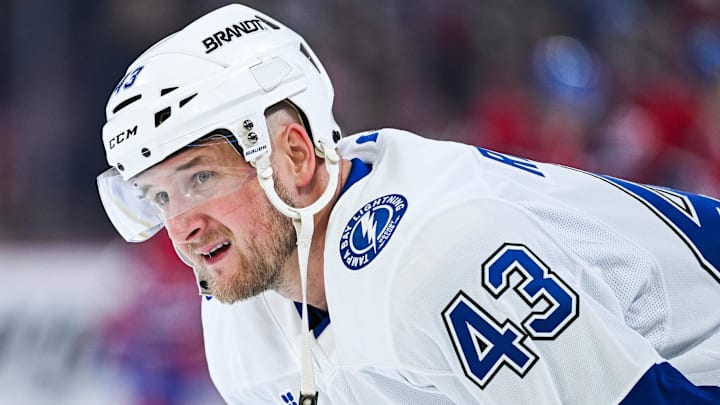 Apr 26, 2026; Montreal, Quebec, CAN; Tampa Bay Lightning defenseman Darren Raddysh (43) looks on during warm-up before the game against the Montreal Canadiens in game four of the first round of the 2026 Stanley Cup Playoffs at Bell Centre. 