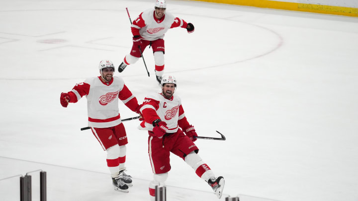 Detroit Red Wings center Dylan Larkin (71) celebrates after scoring a goal. 