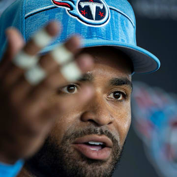 Tennessee Titans safety Jamal Adams (33) fields questions from the media on the first day of training camp at Ascension Saint Thomas Sports Park Wednesday, July 24, 2024.