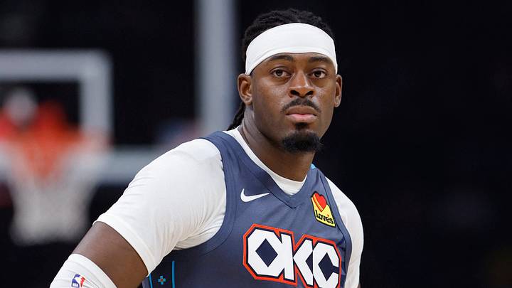 Oklahoma City Thunder guard Luguentz Dort (5) looks down the court during the second quarter against the Sacramento Kings at Paycom Center on November 19, 2025