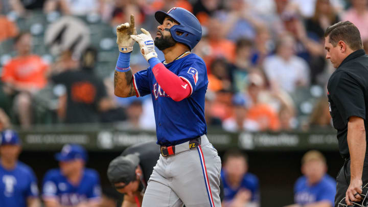 Jun 30, 2024; Baltimore, Maryland, USA; Texas Rangers outfielder Derek Hill (40) celebrates after  hitting a home run during the seventh inning against the Baltimore Orioles at Oriole Park at Camden Yards