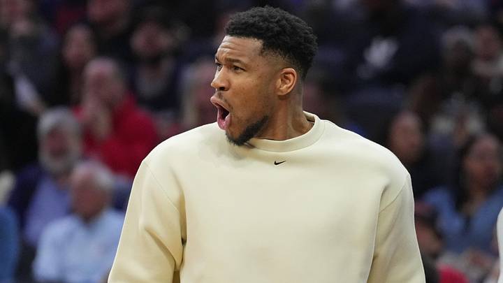 Apr 12, 2026; Philadelphia, Pennsylvania, USA; Milwaukee Bucks forward Giannis Antetokounmpo reacts during the game against the Philadelphia 76ers at Xfinity Mobile Arena. Mandatory Credit: Kyle Ross-Imagn Images