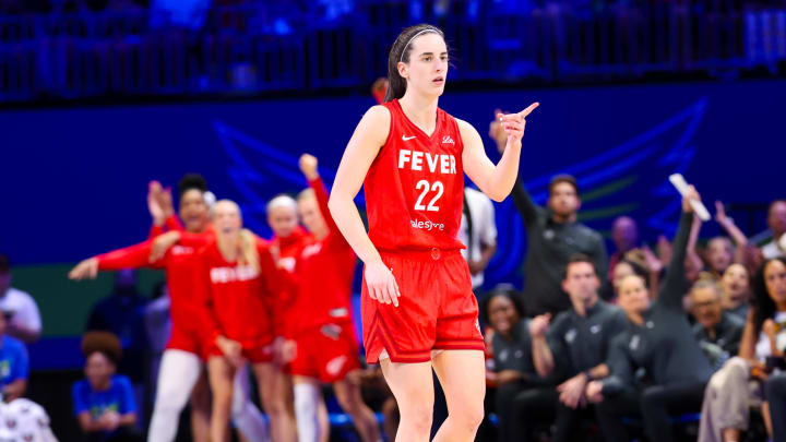 Jul 17, 2024; Arlington, Texas, USA; Indiana Fever guard Caitlin Clark (22) reacts during the second half against the Dallas Wings at College Park Center. Mandatory Credit: Kevin Jairaj-USA TODAY Sports