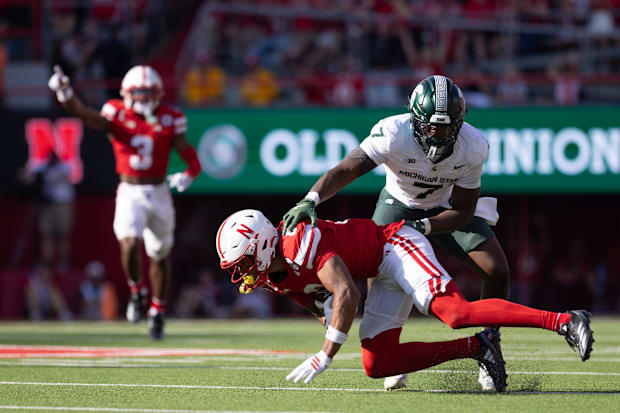 Nebraska Cornhuskers defensive back DeShon Singleton makes an interception.