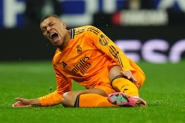Real Madrid striker Kylian Mbape after being fouled