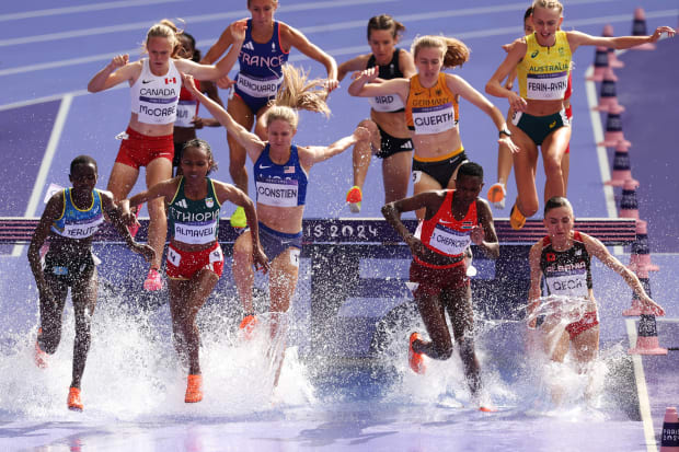 Steeplechasers face seven water jumps and 28 dry hurdles throughout the 3,000-meter race.