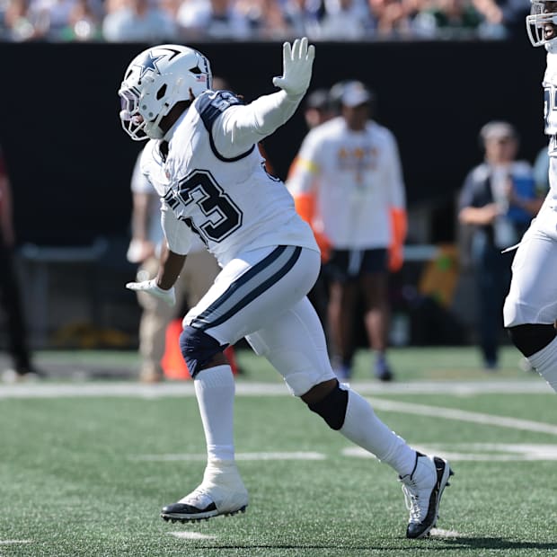 Dallas Cowboys defensive end James Houston reacts after a sack against the New York Jets during the first half at MetLife Sta