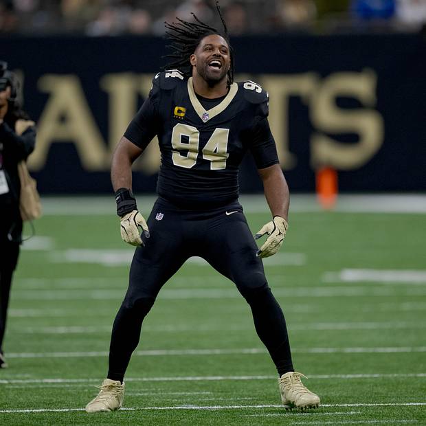 New Orleans Saints defensive end Cameron Jordan does the “Who Dat?” chant before a game against the Las Vegas Raiders.