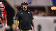 Nov 28, 2025; Atlanta, Georgia, USA; Georgia Bulldogs head coach Kirby Smart on the sideline against the Georgia Tech Yellow Jackets in the second quarter at Mercedes-Benz Stadium. Mandatory Credit: Brett Davis-Imagn Images