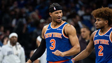 Dec 15, 2024; Orlando, Florida, USA; New York Knicks forward Josh Hart (3) celebrates a basket against the Orlando Magic  in the fourth quarter at Kia Center. Mandatory Credit: Jeremy Reper-Imagn Images